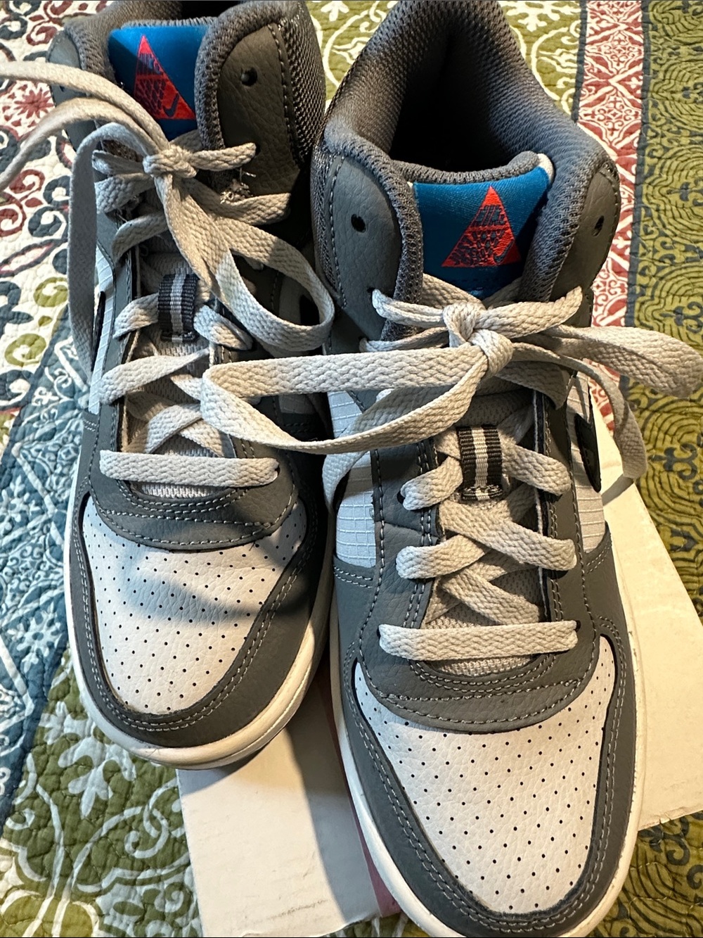 Nike Kids Gray and White High-Top Sneakers with Blue Tongue Detail